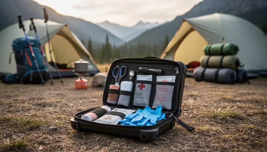 Group expedition first aid kit on the ground near backpacks and trekking poles at a remote campsite