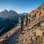 Hikers scramble along a steep rocky trail toward Ha Ling Peak with golden hour sunlight and panoramic mountain views in the background.