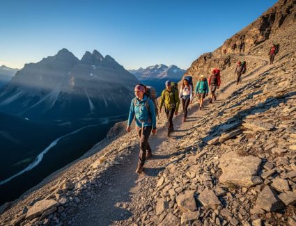 Hikers scramble along a steep rocky trail toward Ha Ling Peak with golden hour sunlight and panoramic mountain views in the background.