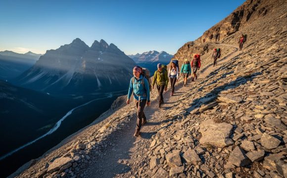 Hikers scramble along a steep rocky trail toward Ha Ling Peak with golden hour sunlight and panoramic mountain views in the background.