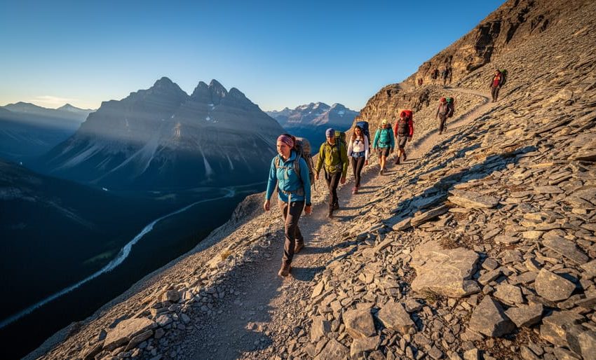 Hikers scramble along a steep rocky trail toward Ha Ling Peak with golden hour sunlight and panoramic mountain views in the background.