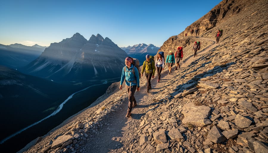 Hikers scramble along a steep rocky trail toward Ha Ling Peak with golden hour sunlight and panoramic mountain views in the background.
