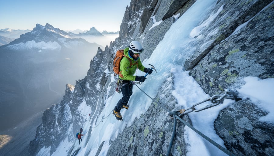 Hiker in helmet and traction device standing on icy rocks near Ha Ling Peak