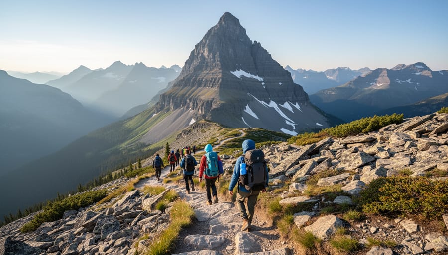 Hikers on a rocky mountain trail approaching Ha Ling Peak under golden hour light