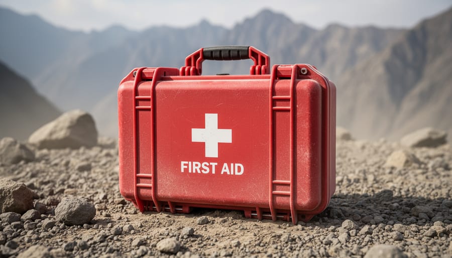 Rugged hard-case hiking first aid kit on rocky climbing terrain
