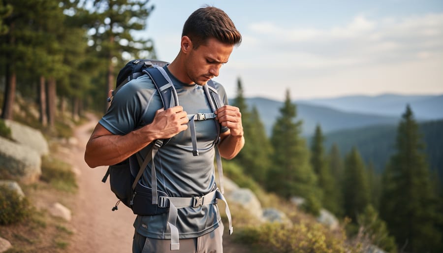 Hiker adjusting the straps on a small hiking backpack on a forest trail.