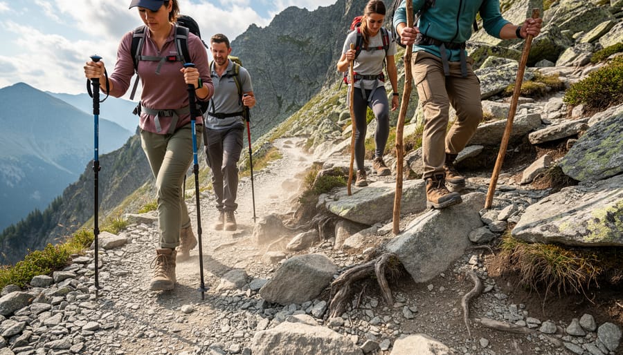 Two hikers on a rocky Canadian trail using trekking poles and fixed-length hiking sticks.