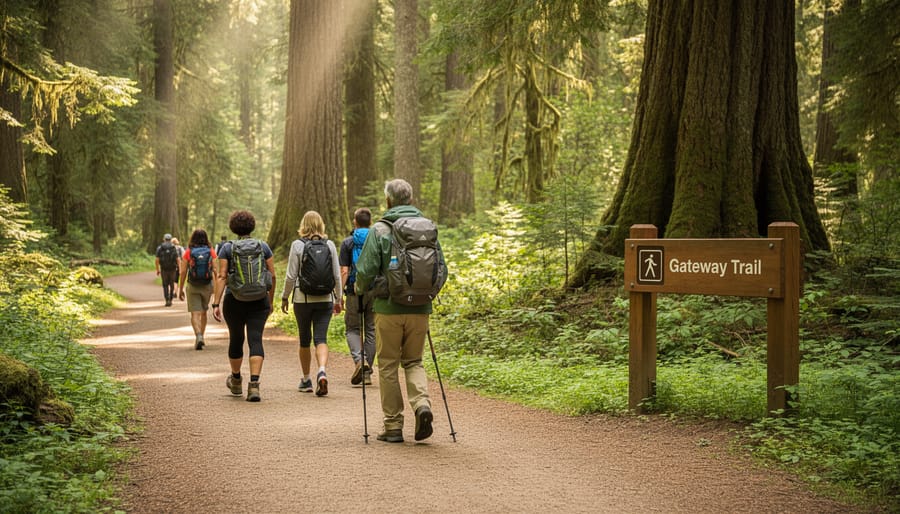Hikers walking along a winding forest trail with daypacks during golden hour light.