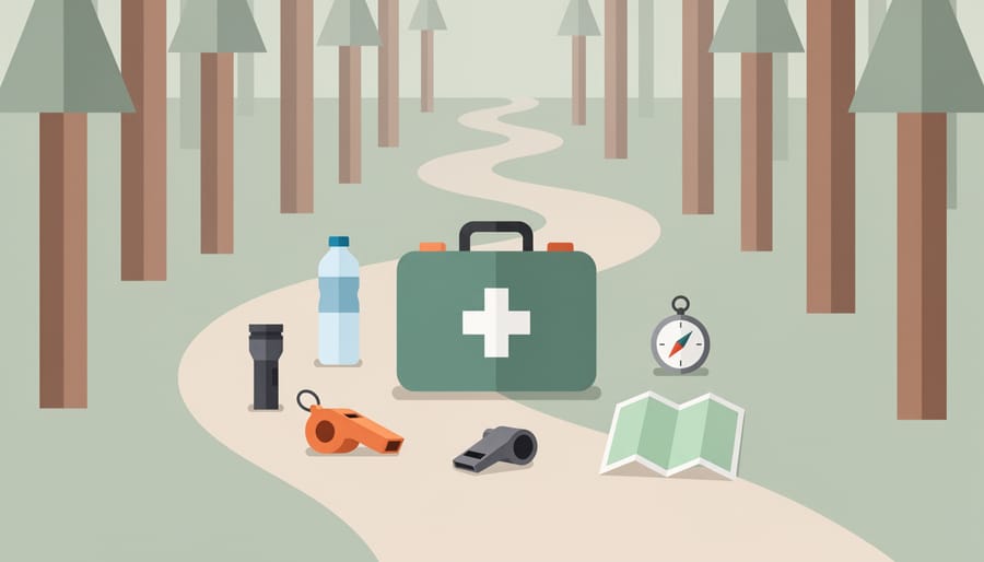 First aid kit arranged with trail safety items on a forest path