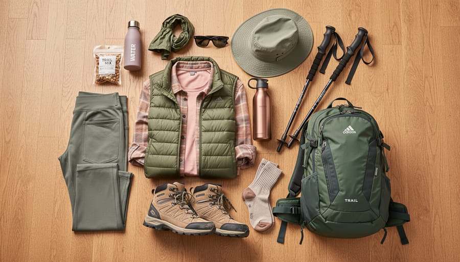 Flat-lay of hiking layers including base top, fleece, vest, rain shell, trousers, and socks