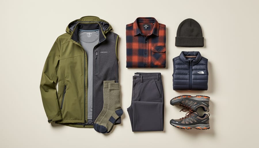 Assorted hiking layers and accessories laid out on a bench