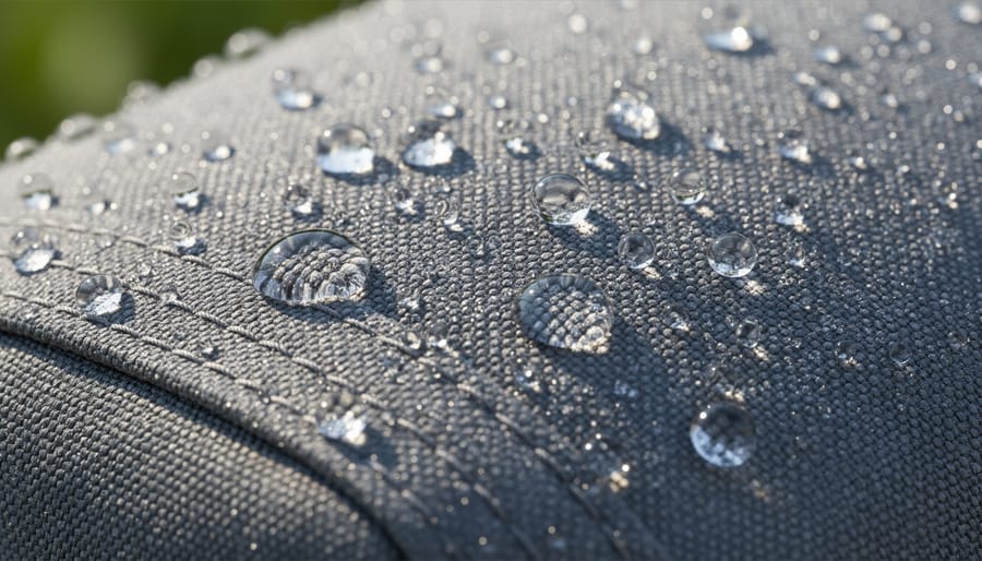 Close-up of women’s hiking pants fabric being lightly stretched, with water droplets beading on the surface.