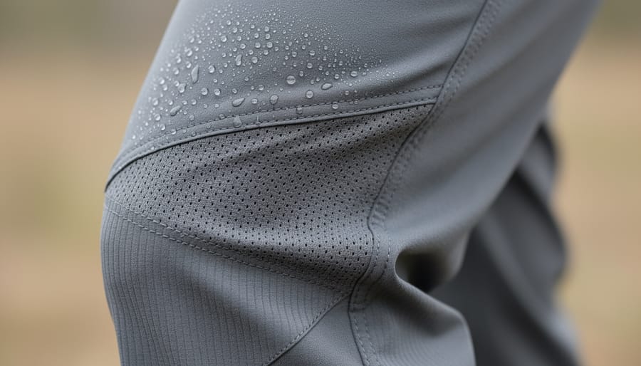 Macro close-up of women’s hiking pant fabric with visible stretch texture and water beading