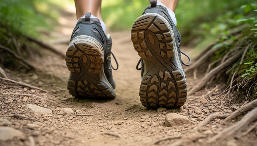 Hiking shoes on a dirt trail edge with visible tread and leaves