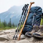 Adjustable trekking poles and a traditional wooden hiking stick leaning on a rocky trail near a backpack and hiking footwear in the Canadian wilderness.
