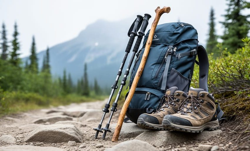 Adjustable trekking poles and a traditional wooden hiking stick leaning on a rocky trail near a backpack and hiking footwear in the Canadian wilderness.