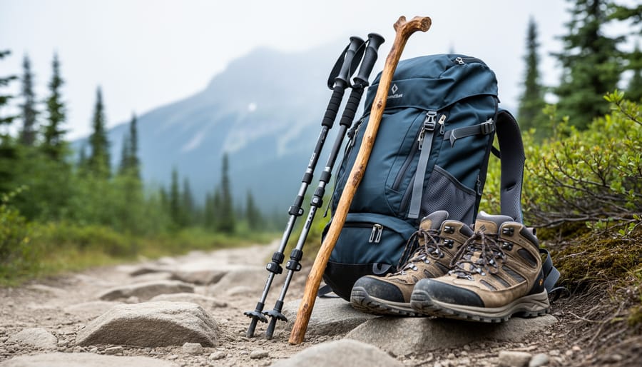 Adjustable trekking poles and a traditional wooden hiking stick leaning on a rocky trail near a backpack and hiking footwear in the Canadian wilderness.