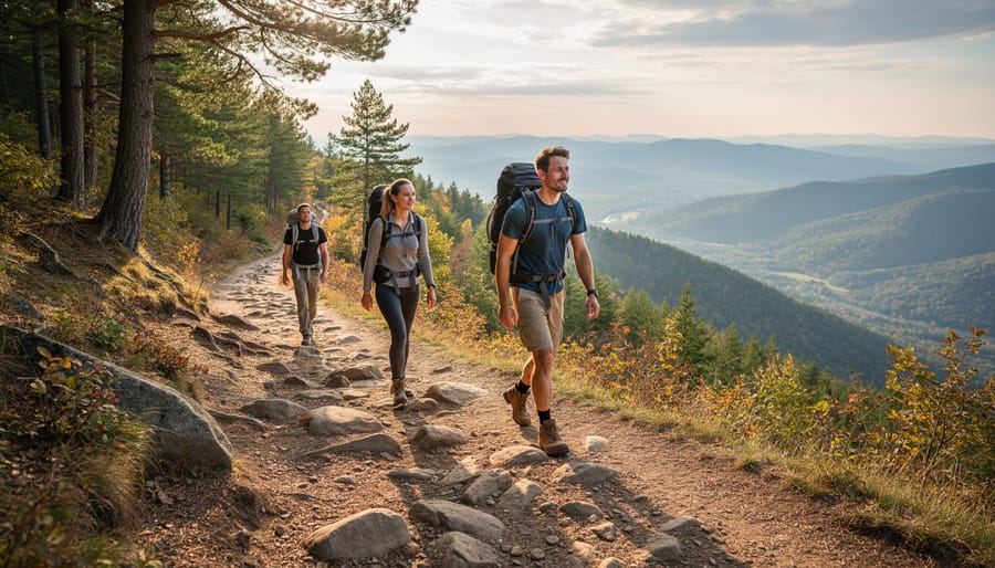 Hiker navigating an intermediate winding forest trail with rocky terrain near Quebec City