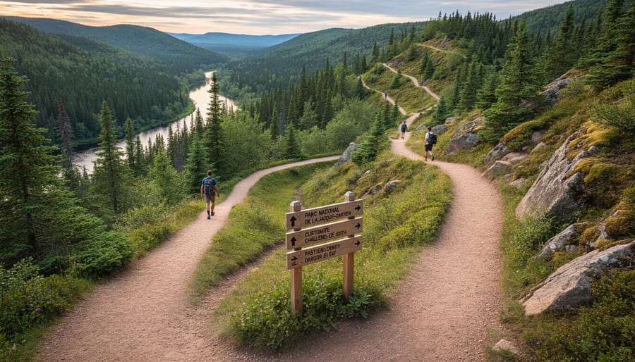 Hiker at a forest trail junction near Jacques-Cartier choosing between multiple hiking routes