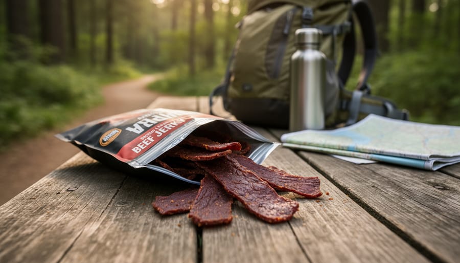 Jerky slices on a small wooden board outdoors near hiking gear.