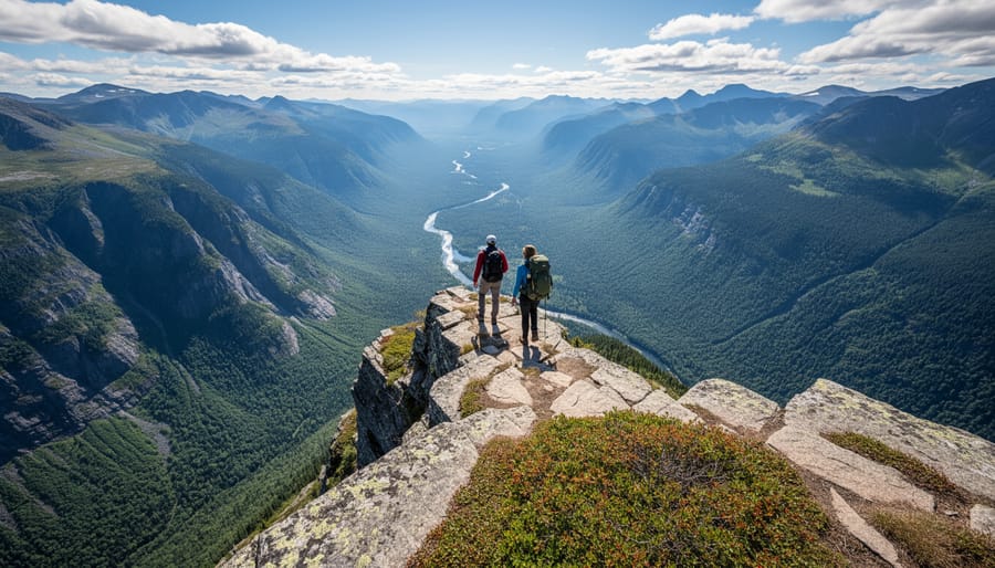 Experienced hikers ascending a steep trail toward a panoramic glacial valley view near Quebec City
