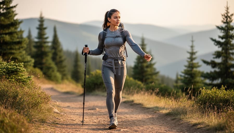 Hiker wearing a fitted waist-length long-sleeve hiking top on a rocky trail with pine trees in the background.
