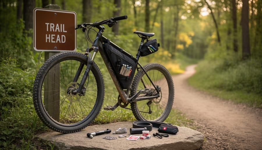 Mini bike pump and trail essentials attached to a bicycle frame and handlebar bag near a dirt trail.