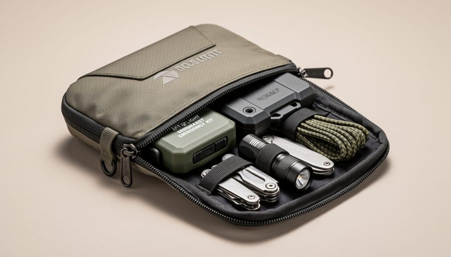 Minimalist compact hiking first aid kit held above a rocky trail