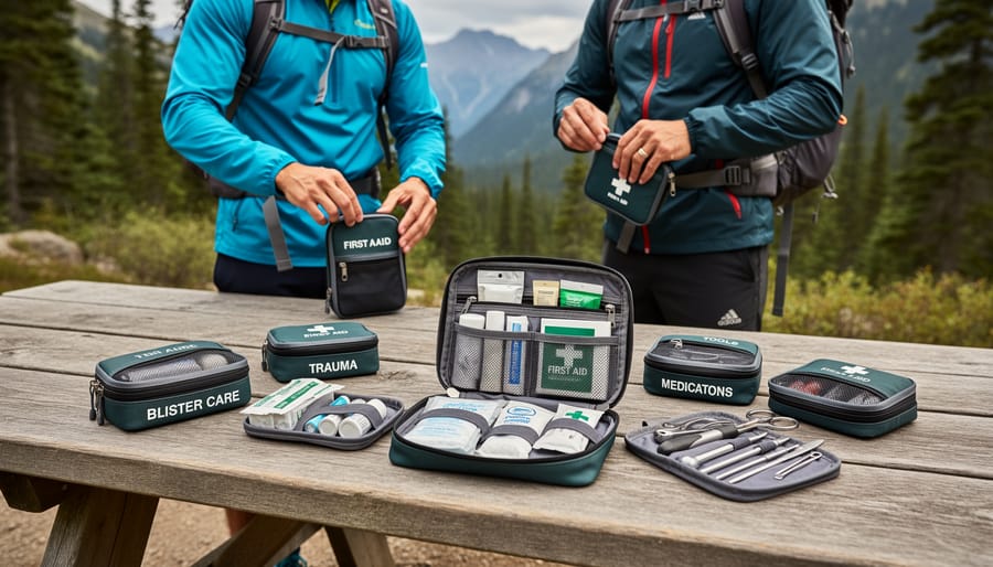 Modular hiking first aid kit with removable pouches arranged for customization
