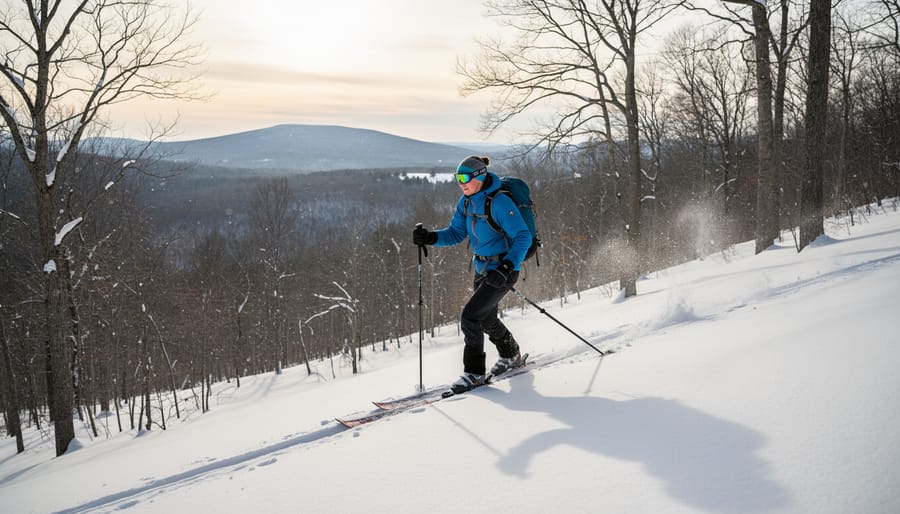 Alpine touring skier with skins on skis on a snow slope at Mont Rigaud with ridge views in the background.