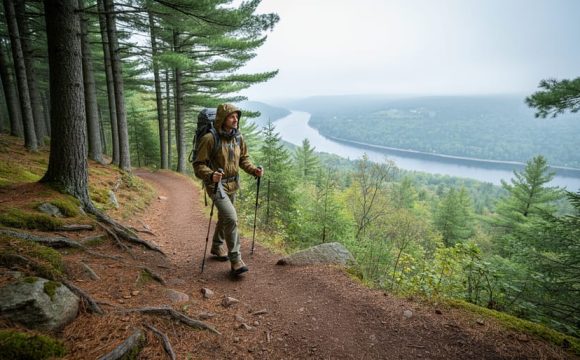 Hiker ascending a forest trail on Mont Rigaud with distant views toward the Ottawa River valley.