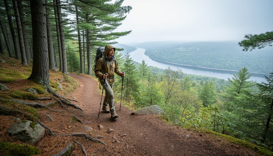 Hiker ascending a forest trail on Mont Rigaud with distant views toward the Ottawa River valley.