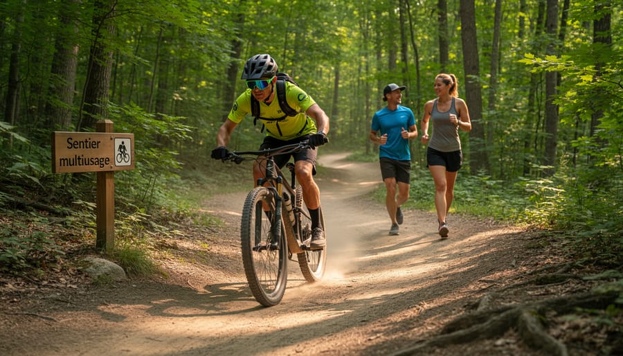 Mountain biker traveling along a multi-use trail at Mont Rigaud with hikers’ path elements visible nearby.