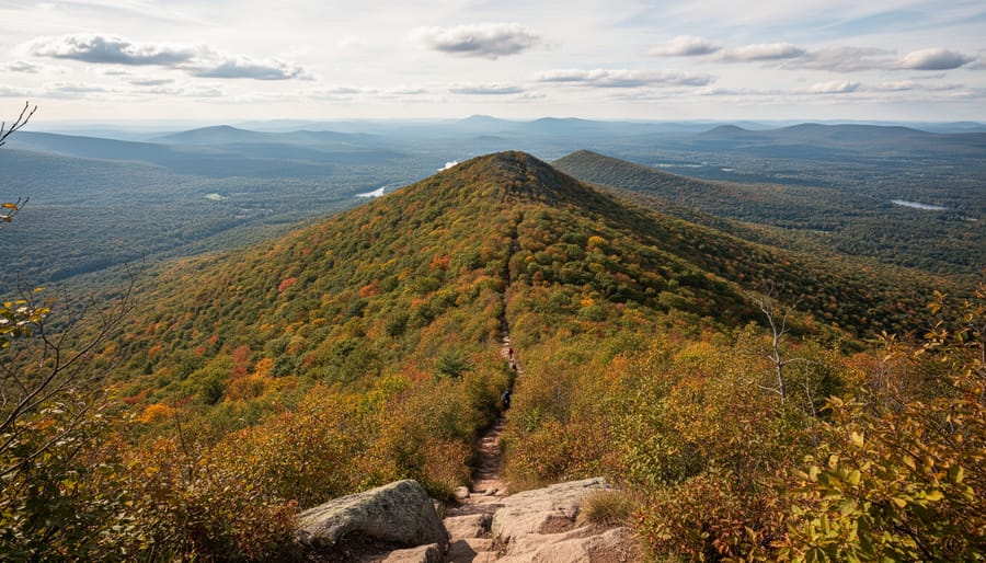 Wide scenic view of Mont Rigaud with forest layers and a couple on a lookout path.
