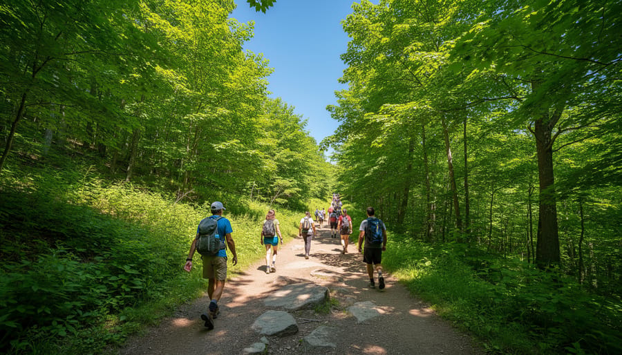 Hikers walking along a sunlit summer trail at Mont Rigaud with green forest and distant valley views.