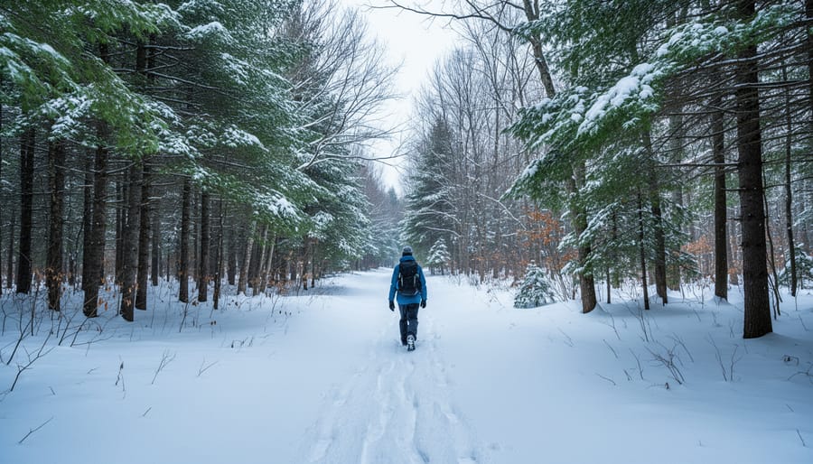 A lone hiker on a snow-covered, groomed trail through evergreen trees at Mont Rigaud in winter.