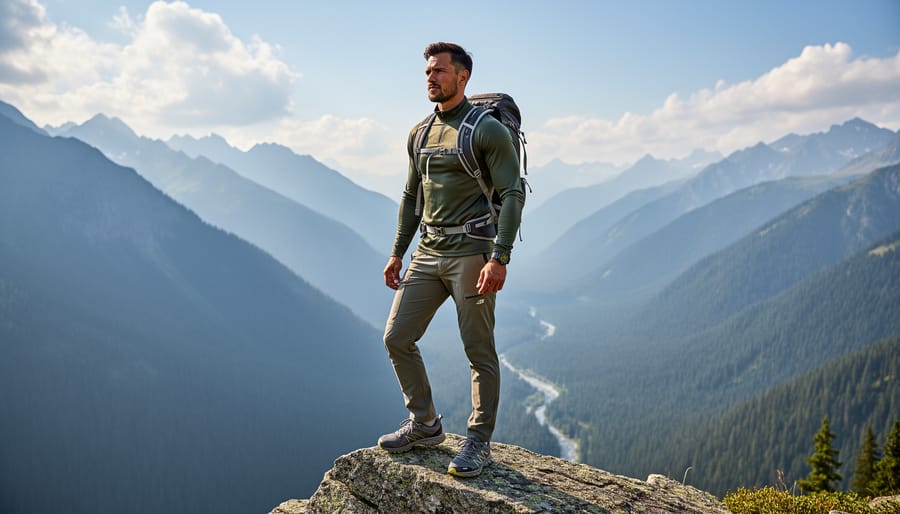 Hiker wearing a North Face Dune Sky long-sleeve near a mountain overlook under an overcast sky.