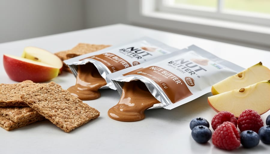 Nut butter packets and whole-grain crackers ready for quick snacking on a hike.