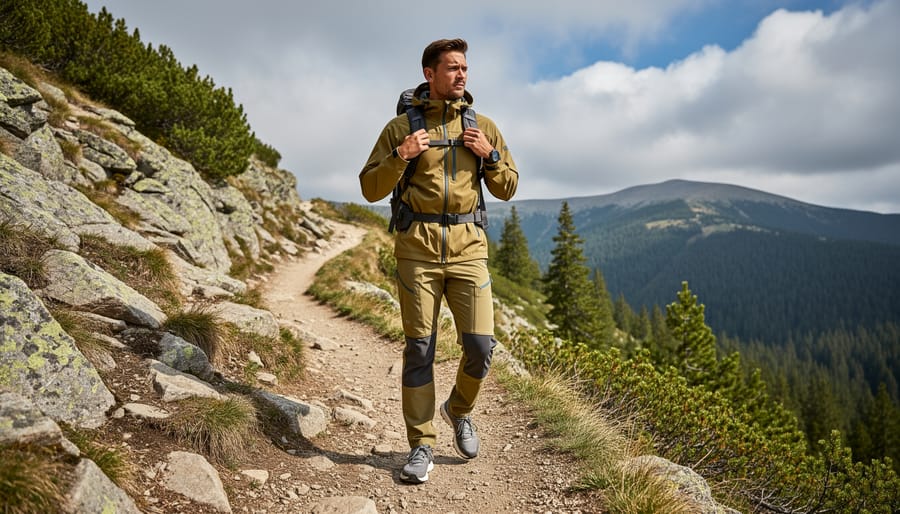 Hiker modeling a matching PEAK PERFORMANCE top and leggings on a snowy trail with trees in the background.