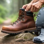 Close-up of a hiking boot on a rocky trail with a daypack nearby while a hand adjusts the boot for proper fit.