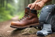 Close-up of a hiking boot on a rocky trail with a daypack nearby while a hand adjusts the boot for proper fit.