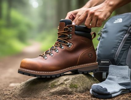 Close-up of a hiking boot on a rocky trail with a daypack nearby while a hand adjusts the boot for proper fit.
