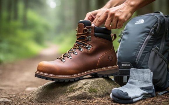 Close-up of a hiking boot on a rocky trail with a daypack nearby while a hand adjusts the boot for proper fit.