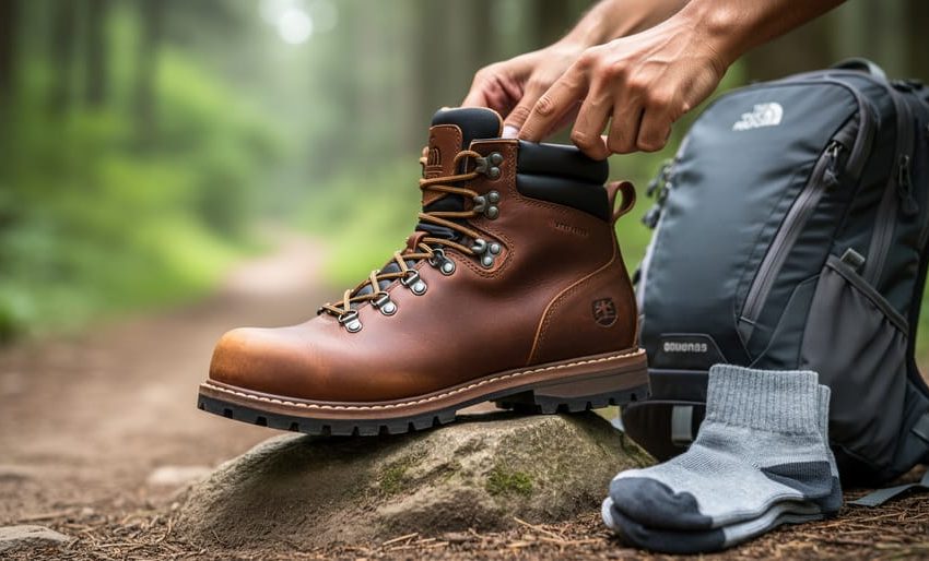Close-up of a hiking boot on a rocky trail with a daypack nearby while a hand adjusts the boot for proper fit.