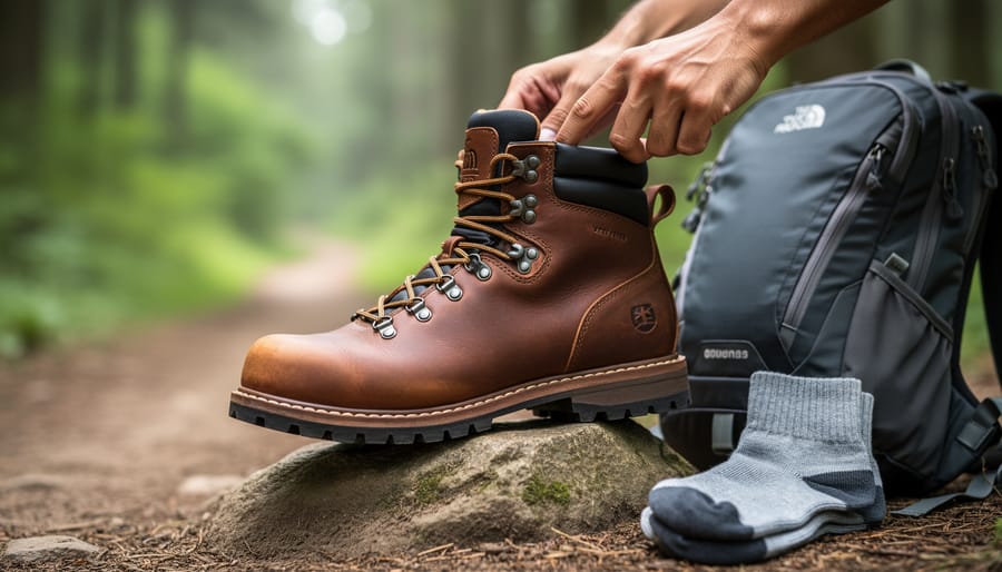 Close-up of a hiking boot on a rocky trail with a daypack nearby while a hand adjusts the boot for proper fit.