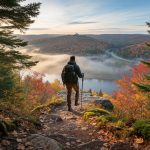 “Hiker standing on a rugged forest trail near Quebec City with sunlight and a distant river valley lookout in the background”