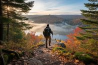 “Hiker standing on a rugged forest trail near Quebec City with sunlight and a distant river valley lookout in the background”