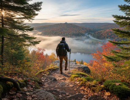 “Hiker standing on a rugged forest trail near Quebec City with sunlight and a distant river valley lookout in the background”