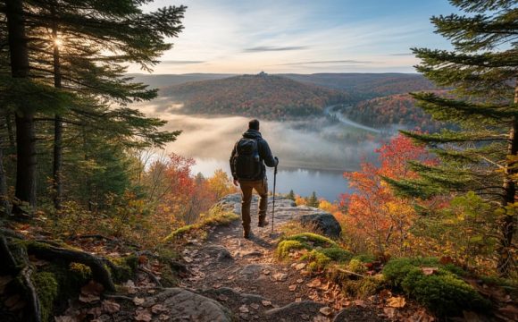 “Hiker standing on a rugged forest trail near Quebec City with sunlight and a distant river valley lookout in the background”