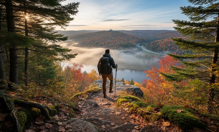 “Hiker standing on a rugged forest trail near Quebec City with sunlight and a distant river valley lookout in the background”